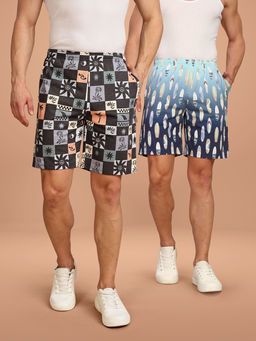 BULLMER - Black and Blue Regular Fit Cotton Blend Summer Shorts- Pack of 2