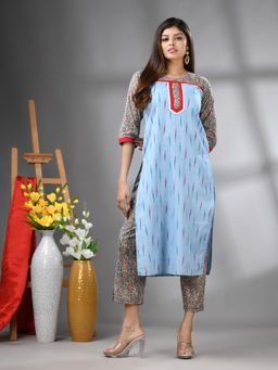 CHARUKRITI - Sky Blue Printed Straight Kurta and Pant (Set of 2)