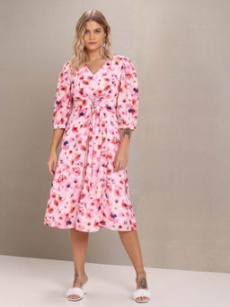 U.S. POLO ASSN. - Women Pink V-Neck Floral Print Fit and Flare Dress