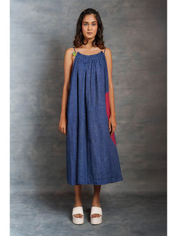Thread Game - Blue Jamdani Dress Hand Woven Tiny Check Long Spaghetti Dress