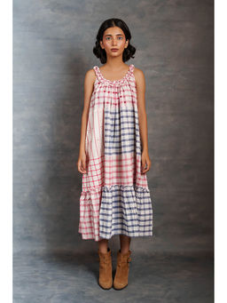 Thread Game - Pastel Checks Relax Frill Neck Sleeveless Mirror Work Dress