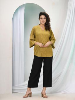 Angoshobha - Mustard Cotton Bengal Handwoven Kurti with Pant (Set of 2)