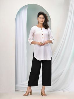 Angoshobha - White Cotton Bengal Handwoven Kurti with Pant (Set of 2)