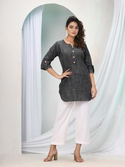 Angoshobha - Grey Cotton Bengal Printed Handwoven Kurti with Pant (Set of 2)