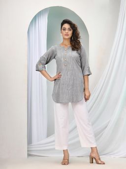 Angoshobha - Grey Cotton Bengal Stripes Handwoven Kurti with Pant (Set of 2)