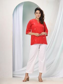 Angoshobha - Red Cotton Bengal Handwoven Kurti with Pant (Set of 2)