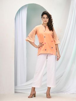 Angoshobha - Deep Peach Cotton Bengal Handwoven Kurti with Pant (Set of 2)