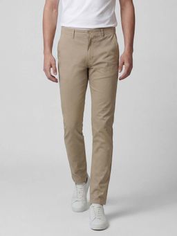 R&B - Khaki Solid Men Mid-Rise Slim Fit Trouser