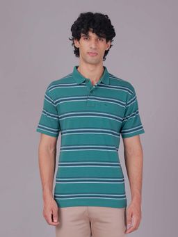 Classic Polo - Teal Collar Neck Authentic Fit Striped Cotton Blend Polo T-Shirt