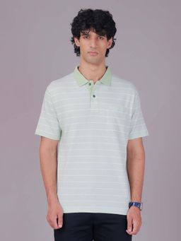Classic Polo - Green Collar Neck Authentic Fit Striped Cotton Blend Polo T-Shirt