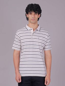 Classic Polo - Off-White Collar Neck Authentic Fit Striped Cotton Blend Collar T-Shirt