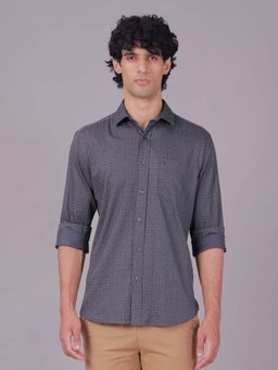 Classic Polo - Grey Collar Neck Slim Fit All-Over Print Cotton Casual Shirt