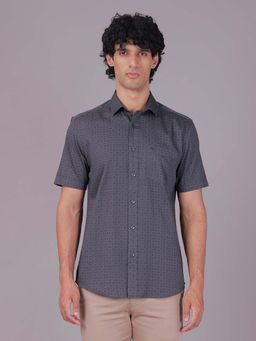 Classic Polo - Grey Collar Neck Slim Fit All-Over Print Cotton Casual Shirt