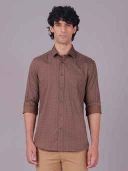 Classic Polo - Brown Collar Neck Slim Fit All-Over Print Cotton Casual Shirt