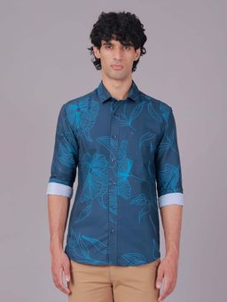 Classic Polo - Teal Collar Neck Slim Fit All-Over Print Cotton Casual Shirt