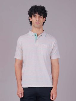 Classic Polo - Grey Polo Neck Authentic Fit Striped Cotton Blend Polo T-Shirt