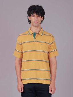 Classic Polo - Mustard Collar Neck Authentic Fit Striped Cotton Blend Polo T-Shirt