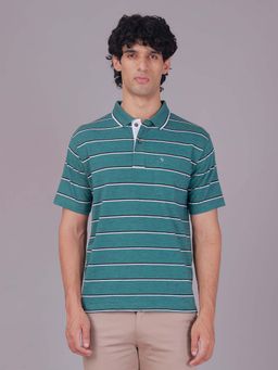 Classic Polo - Teal Collar Neck Authentic Fit Striped Cotton Blend Polo T-Shirt