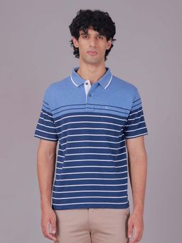 Classic Polo - Navy Blue Collar Neck Authentic Fit Striped Cotton Blend Polo T-Shirt