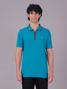 Classic Polo - Half Sleeve Teal Blue Collar Neck Slim Fit Solid Cotton Zipper Tshirt