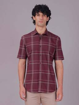 Classic Polo - Half Sleeve Maroon Collar Neck Slim Fit Checked Cotton Casual Shirt