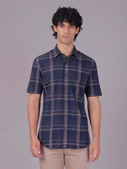 Classic Polo - Half Sleeve Navy Blue Collar Neck Slim Fit Checked Coton Casual Shirt
