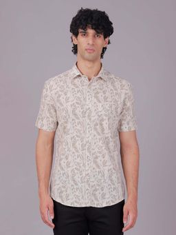 Classic Polo - Cream Collar Neck Slim Fit All-Over Print Cotton Casual Shirt