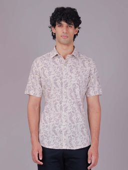 Classic Polo - Beige Collar Neck Slim Fit All-Over Print Cotton Casual Shirt