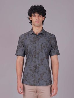 Classic Polo - Grey Collar Neck Slim Fit All-Over Print Cotton Casual Shirt