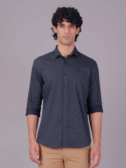 Classic Polo - Navy Blue Collar Neck Slim Fit All-Over Print Cotton Casual Shirt
