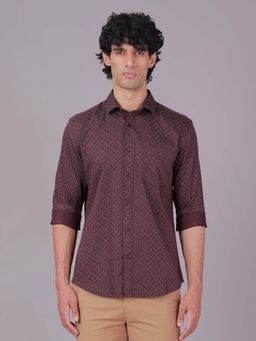 Classic Polo - Burgundy Collar Neck Slim Fit All-Over Print Cotton Casual Shirt