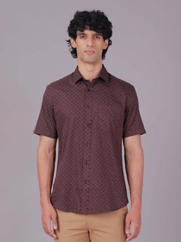 Classic Polo - Burgundy Collar Neck Slim Fit All-Over Print Cotton Casual Shirt