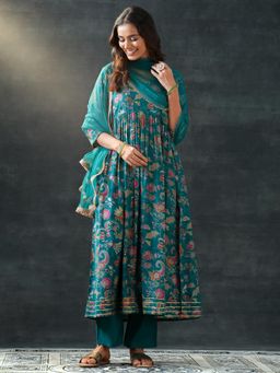 Libas - Women Teal Floral Anarkali Kurta & Pant with Dupatta