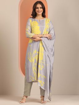 Libas - Women Grey Floral Kurta & Pant with Dupatta