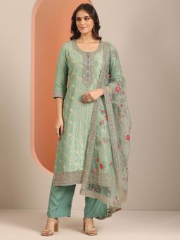 Libas Art - Women Green Floral Lining Kurta with Pant & Dupatta