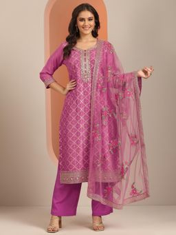 Libas Art - Women Purple Floral Lining Kurta with Pant & Dupatta