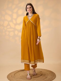 Globus - Women Mustard Solid Anarkali Kurta & Pant