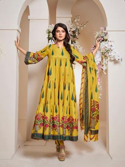 BHAMA COUTURE - Women Yellow Floral Anarkali Kurta & Pant with Dupatta