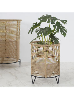 HomeTown - Boho Metal and Natural Fiber Planter Stand 27Cm in Brown Colour