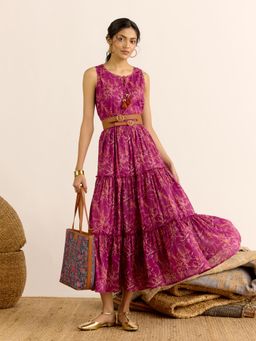 Aarke Ritu Kumar - Pink Ditya Fit and Flare Round Neck Long Dress