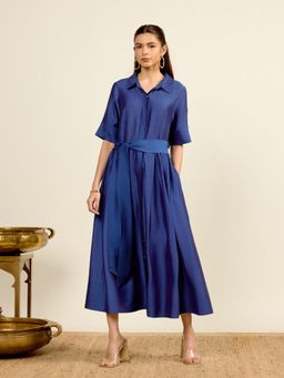 Aarke Ritu Kumar - Blue Vinayak Solid Fit and Flare Half Sleeves Long Dress with Belt
