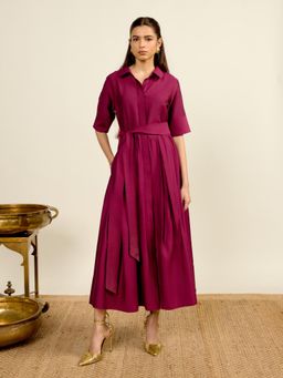 Aarke Ritu Kumar - Maroon Vinayak Solid Fit and Flare Half Sleeves Long Dress with Belt