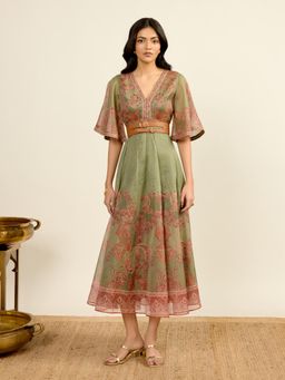 Aarke Ritu Kumar - Green Tanush Fit and Flare V-Neck Maxi Dress