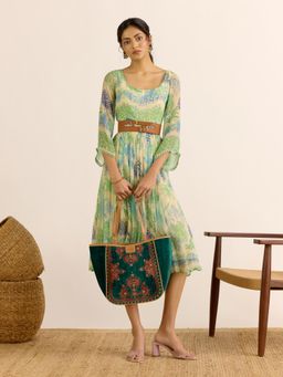 Aarke Ritu Kumar - Ecru Palm Tree Fit and Flare Square Neck Midi Dress
