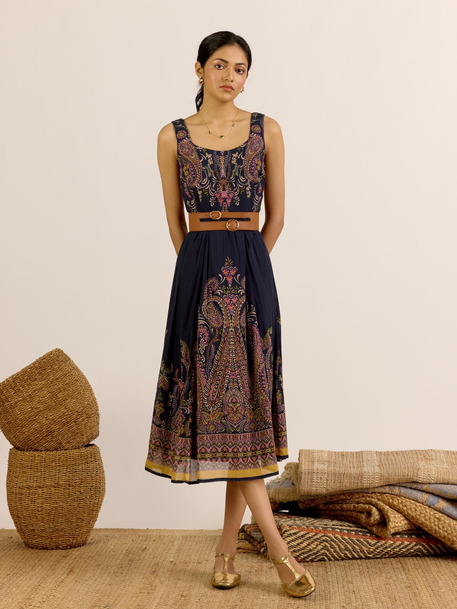 Black Unnati Fit and Flare Sleeveless Midi Dress-image-4