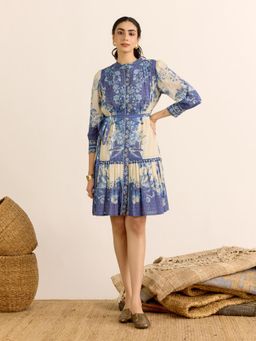 Aarke Ritu Kumar - Indigo Nilambiri Fit and Flare Mandarin Dress with Belt