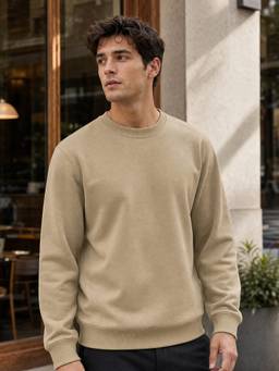 Nobero - Beige Men Classic Cotton Fleece Regular Fit Soft and Warm Sweatshirt