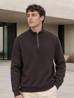Nobero - Brown Men Mock Neck Fleece Relaxed Fit Zip Closure Sweatshirt