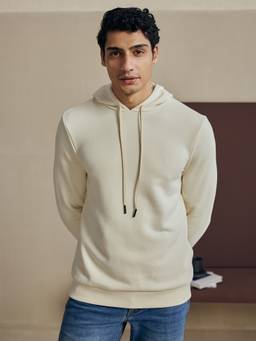 Andamen - Off White Men Cotton Triblend Solid Hooded Sweatshirt