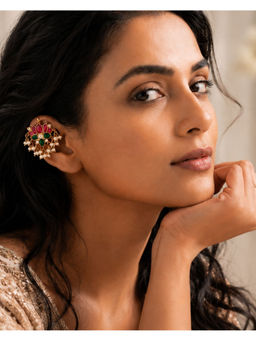 Shopsiiri - Green Red White Lotus Ear Cuff with Pearl Earcuffs